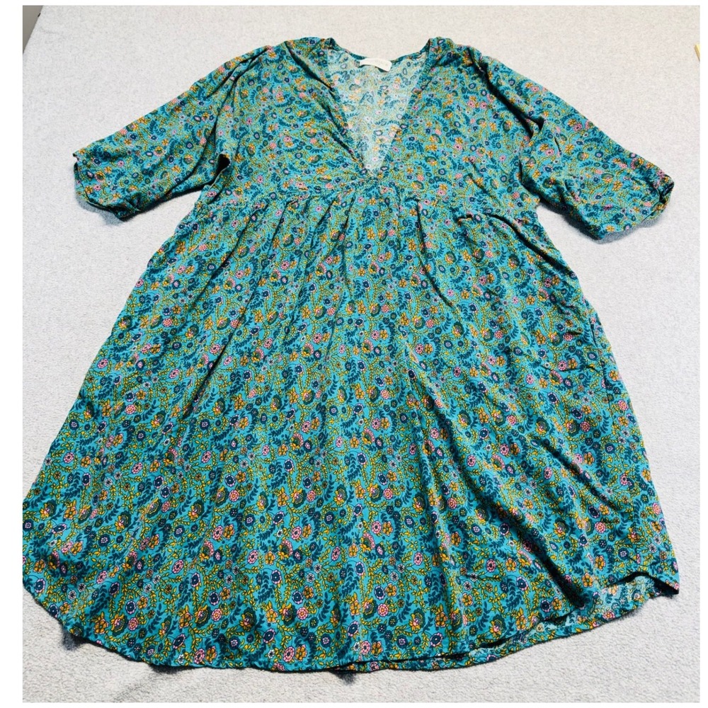 Natural Life Dress Womens M Teal Floral Rayon V Neck Boho Hippie Retro Flowy